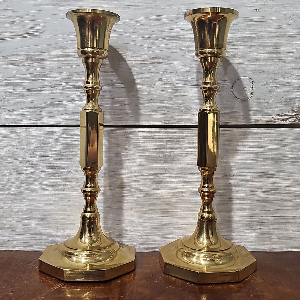 Vintage Brass Candlesticks Pair Hexagonal Base 7.5" Taper Candle Holders